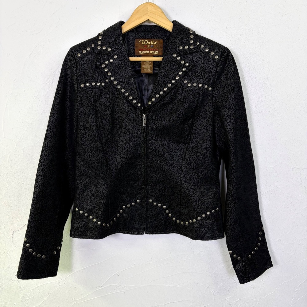 Walls Authentic Ranch Wear Studded Jacket Women's Small Black Leather Western
